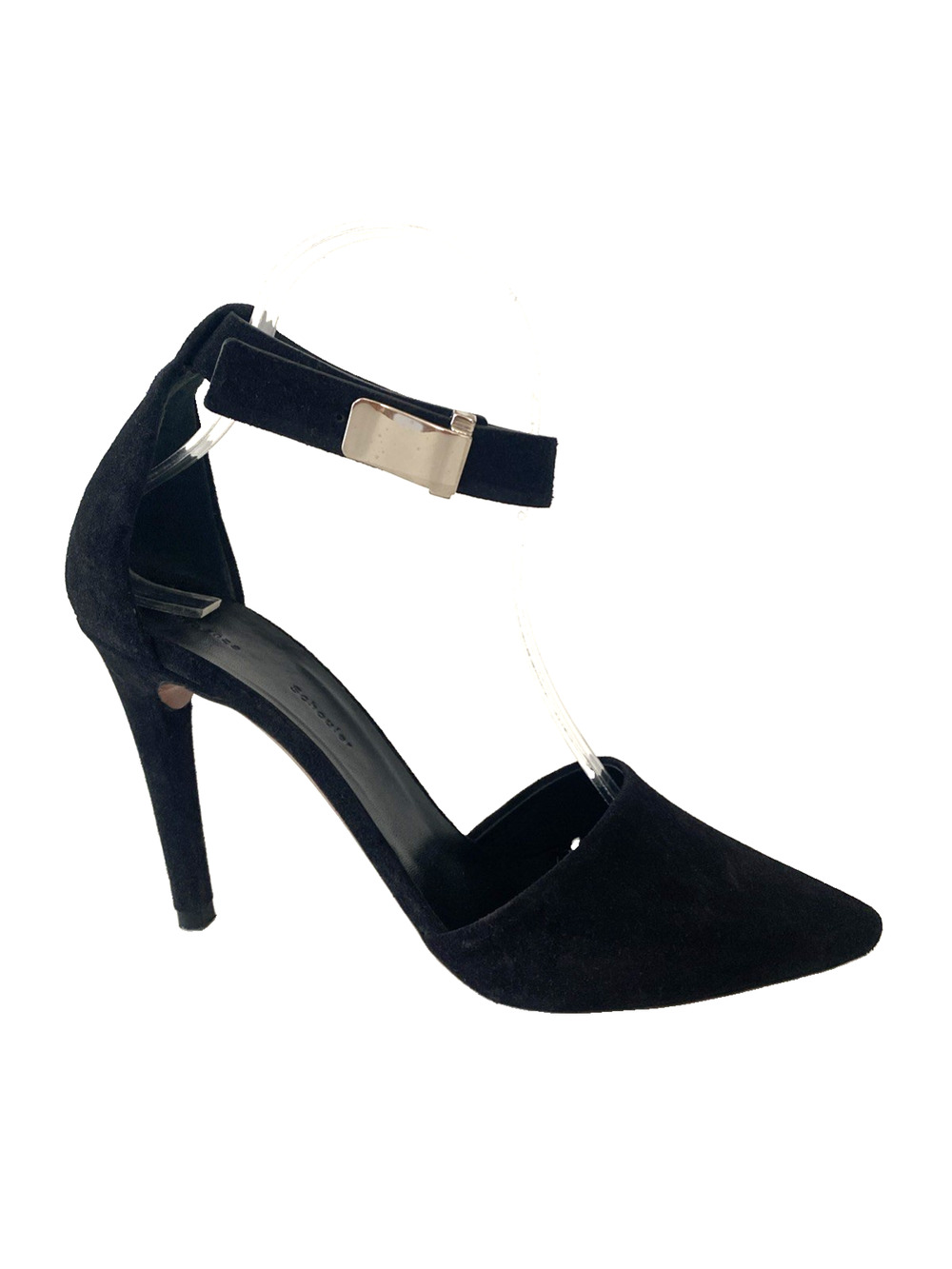 Proenza Schouler Pump Black Suede Pointed Toe Slim Heel Ankle Strap Silver 38